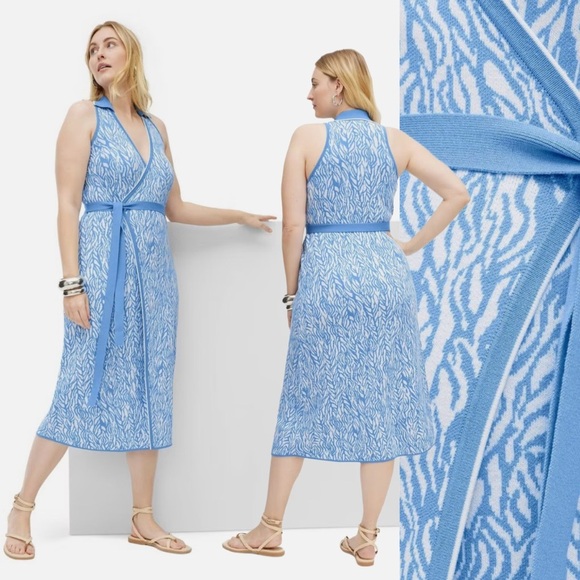 Diane von Furstenberg Collared Midi Wrap Floral Blue White Sweater Dress XL - Picture 2 of 14